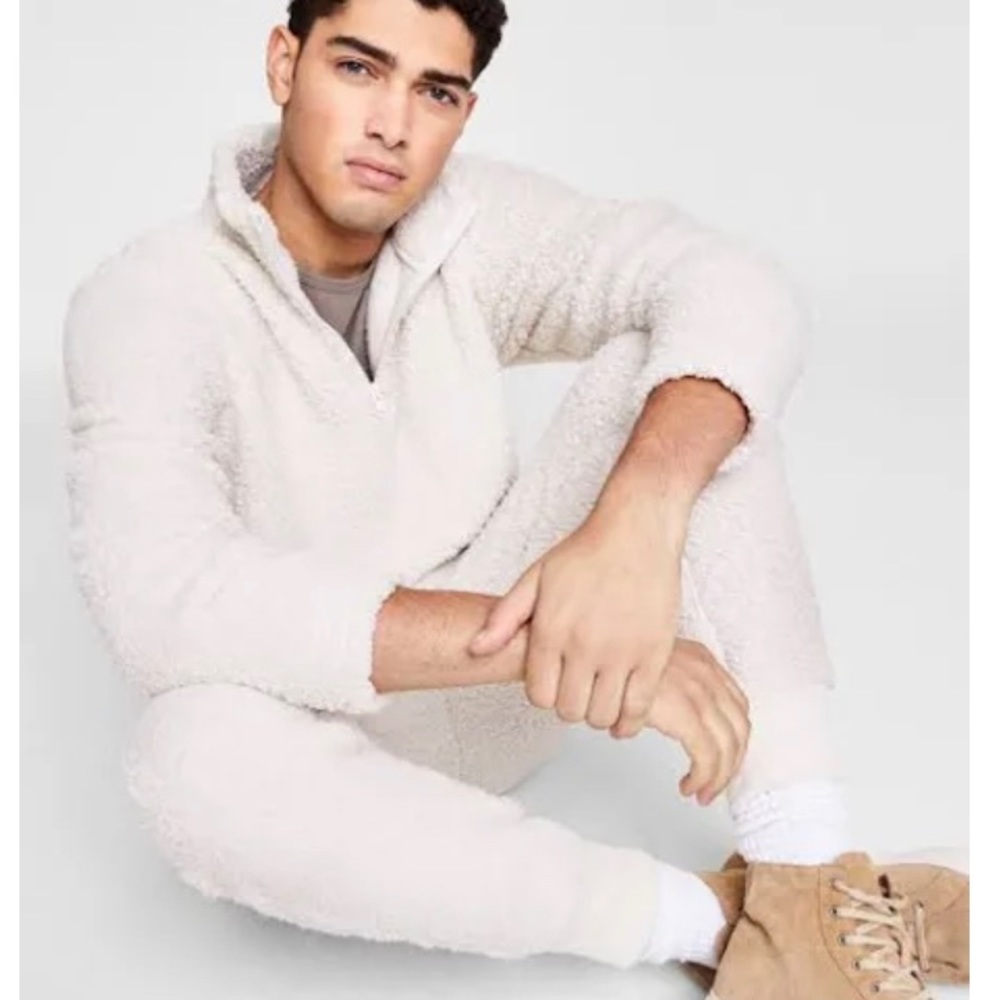 Sun + Stone Men's Solid Quarter-Zip Sherpa Fleece Pullover (off white, Small)